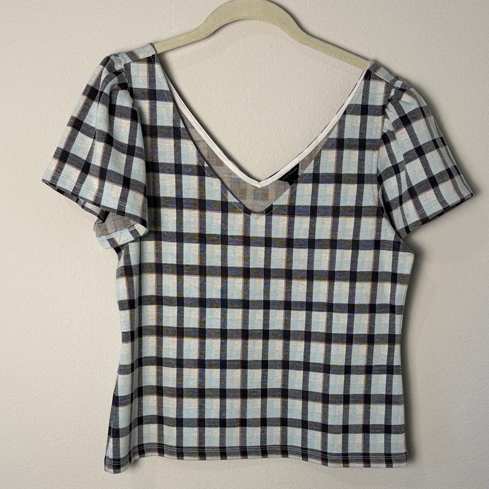 Ann Taylor Blue and Black Plaid V-Neck Top